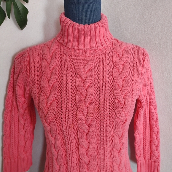 Lands' End Chunky Bright Pink Turtleneck Cable Knit Sweater - Picture 3 of 7